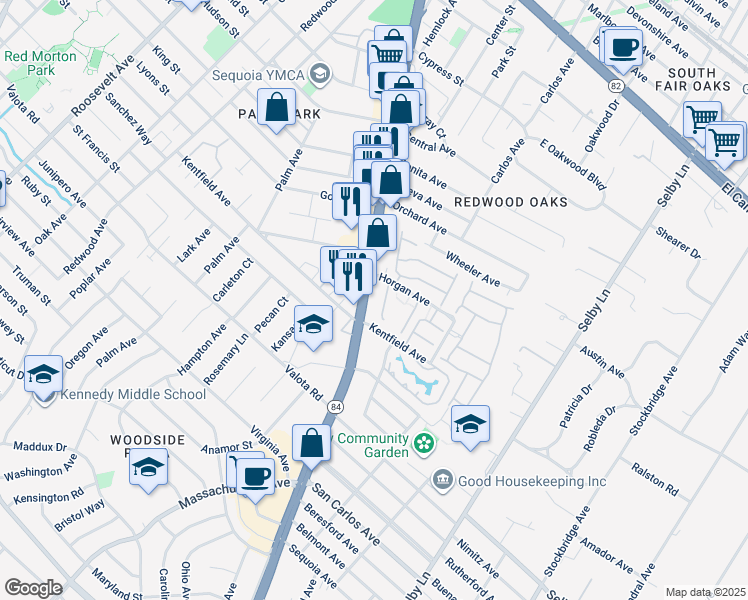 map of restaurants, bars, coffee shops, grocery stores, and more near 947 Woodside Road in Redwood City