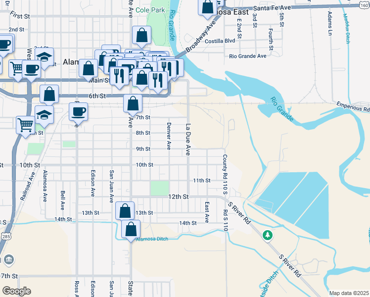 map of restaurants, bars, coffee shops, grocery stores, and more near 315 9th Street in Alamosa