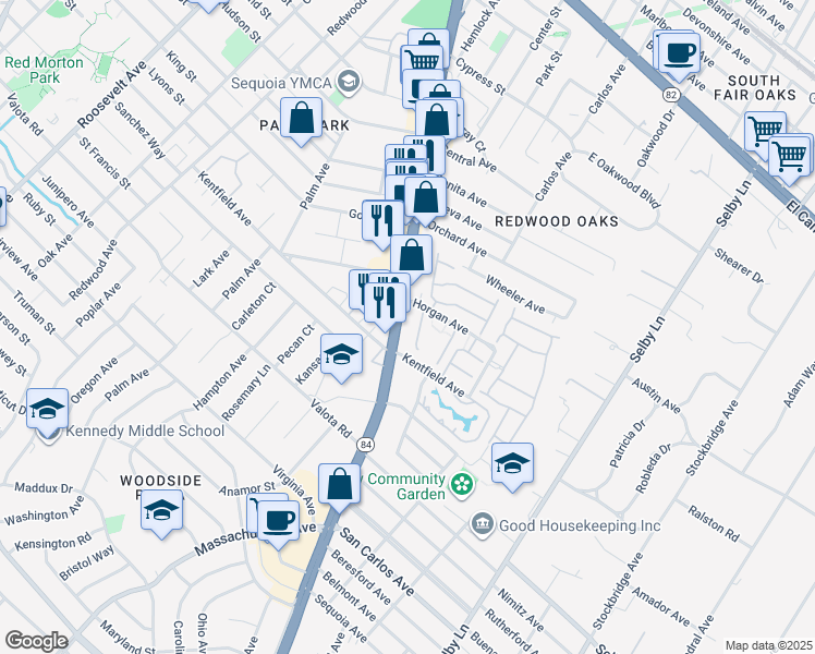 map of restaurants, bars, coffee shops, grocery stores, and more near 943 Woodside Road in Redwood City