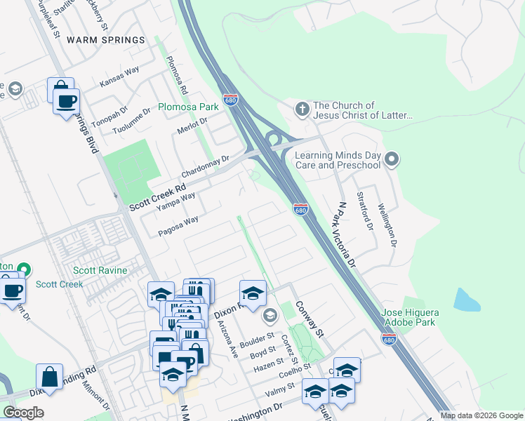 map of restaurants, bars, coffee shops, grocery stores, and more near 363 Levin Street in Milpitas