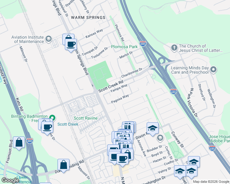 map of restaurants, bars, coffee shops, grocery stores, and more near 48927 Nampeyo Street in Fremont
