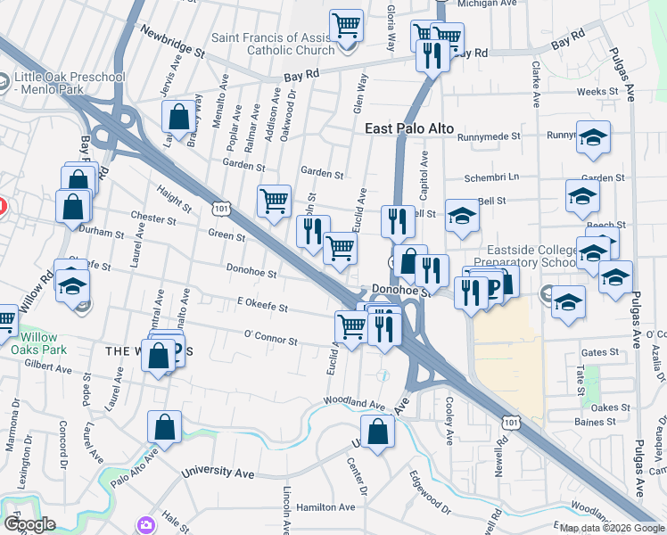 map of restaurants, bars, coffee shops, grocery stores, and more near 454 Green Street in East Palo Alto