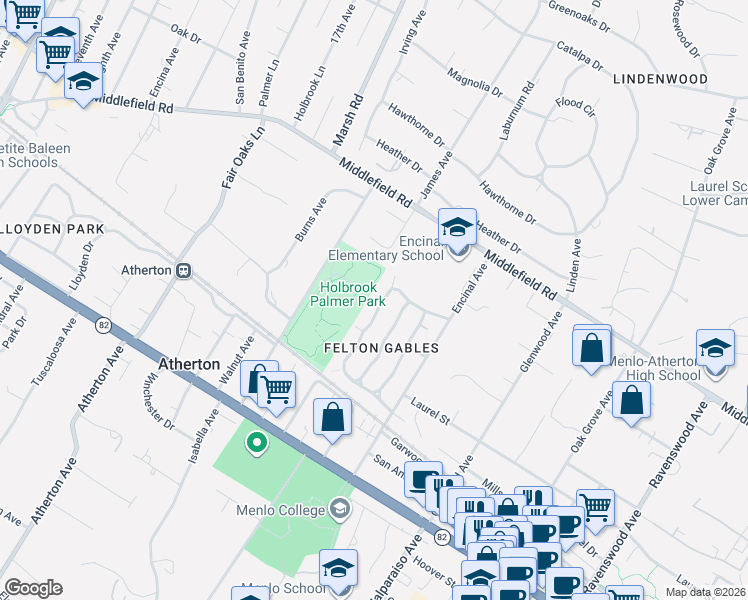 map of restaurants, bars, coffee shops, grocery stores, and more near 208 Felton Drive in Menlo Park
