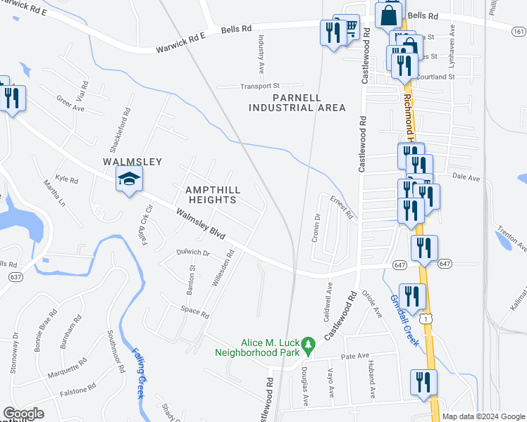 map of restaurants, bars, coffee shops, grocery stores, and more near 3168 Atlantic Street in Richmond
