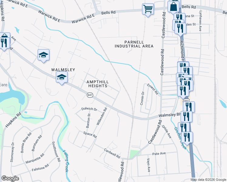 map of restaurants, bars, coffee shops, grocery stores, and more near 3012 Dupont Avenue in Richmond