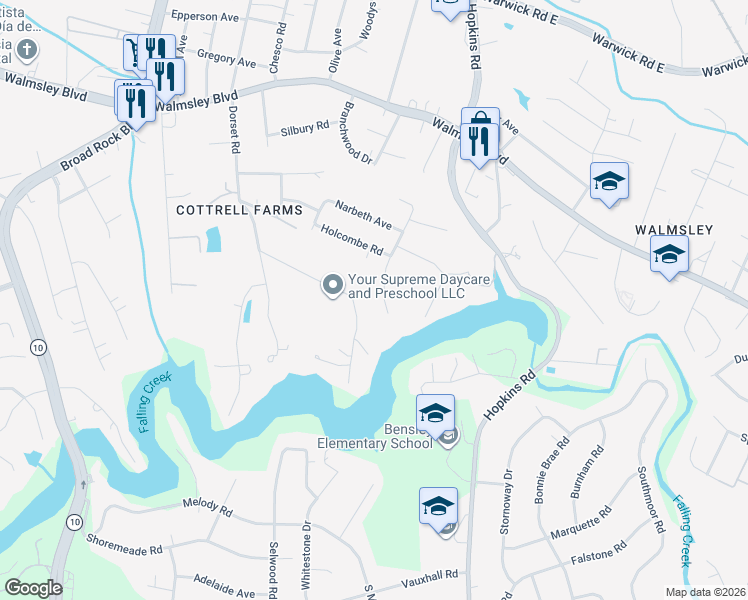 map of restaurants, bars, coffee shops, grocery stores, and more near 4131 Dorset Road in Richmond