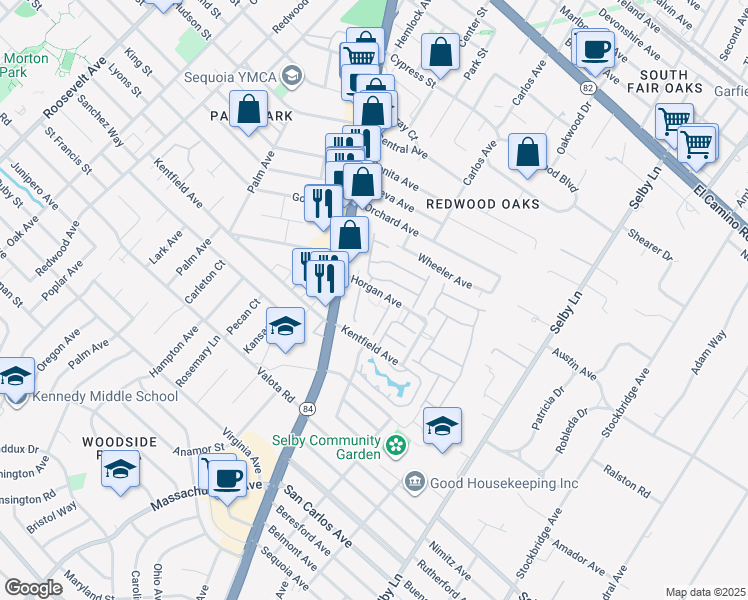 map of restaurants, bars, coffee shops, grocery stores, and more near 126 Danbury Lane in Redwood City
