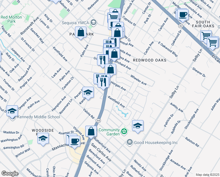map of restaurants, bars, coffee shops, grocery stores, and more near 955 Woodside Road in Redwood City