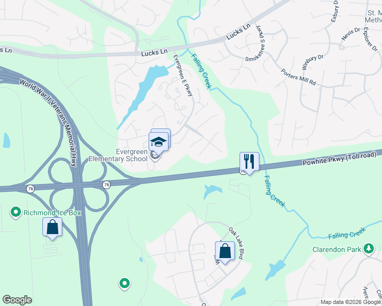 map of restaurants, bars, coffee shops, grocery stores, and more near 12413 Brimfield Lane in Midlothian