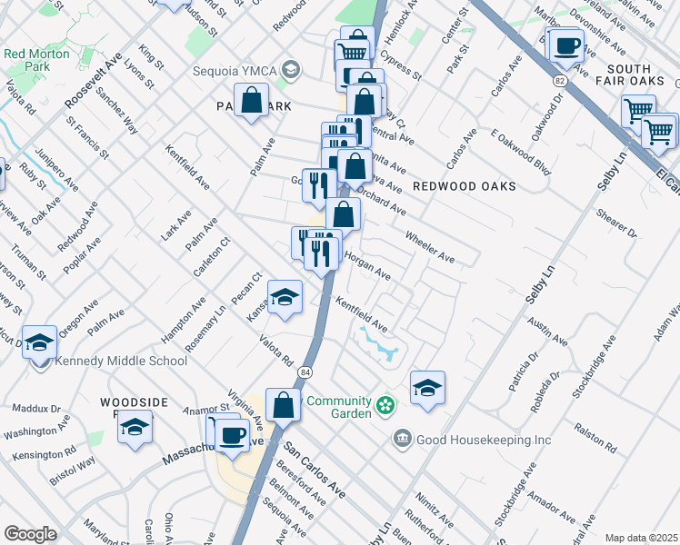 map of restaurants, bars, coffee shops, grocery stores, and more near 951 Woodside Road in Redwood City