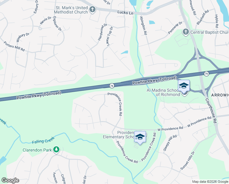 map of restaurants, bars, coffee shops, grocery stores, and more near 2812 Providence Creek Road in Richmond