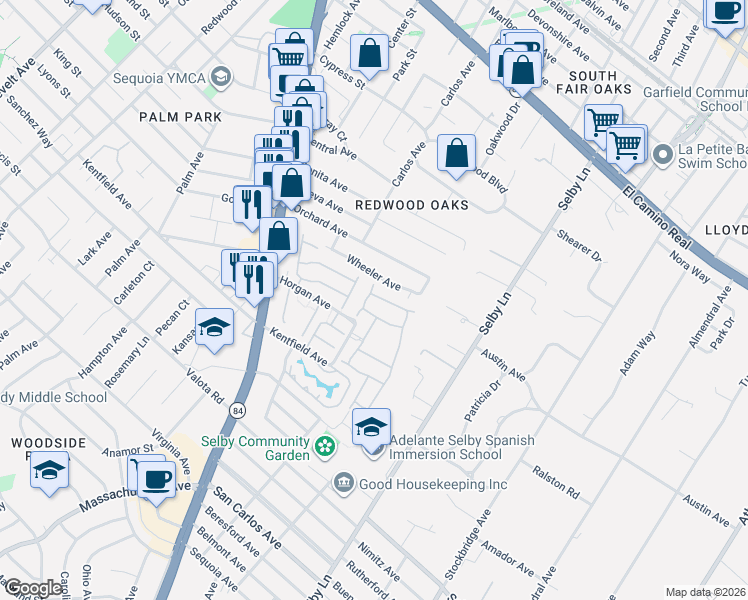 map of restaurants, bars, coffee shops, grocery stores, and more near 201 Yarborough Lane in Redwood City