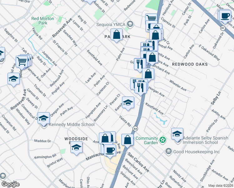 map of restaurants, bars, coffee shops, grocery stores, and more near 1615 Hampton Avenue in Redwood City