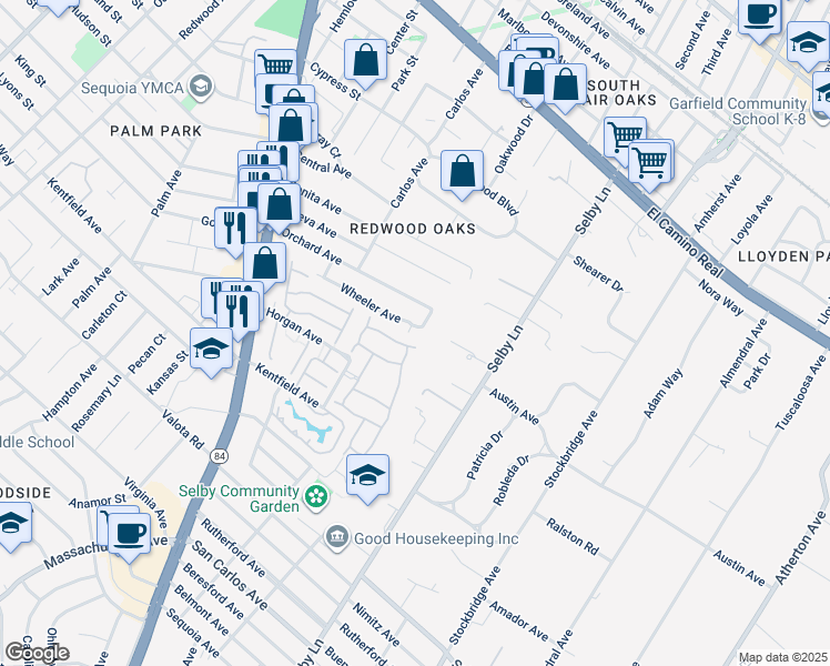 map of restaurants, bars, coffee shops, grocery stores, and more near 382 Wheeler Avenue in Redwood City