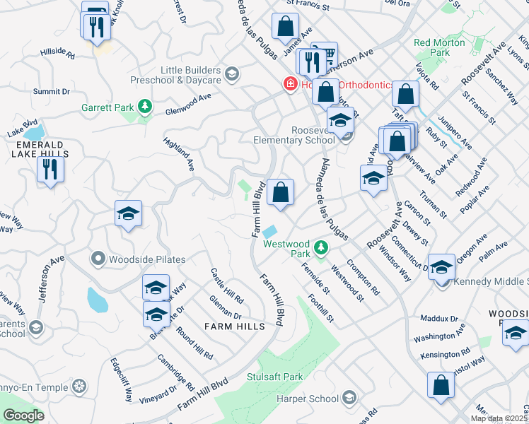 map of restaurants, bars, coffee shops, grocery stores, and more near 3530 Farm Hill Boulevard in Redwood City