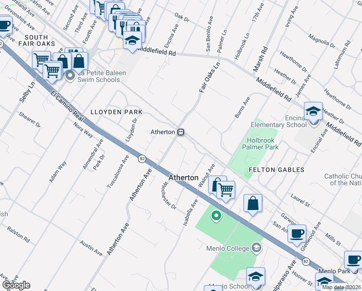 map of restaurants, bars, coffee shops, grocery stores, and more near 84 Ashfield Road in Atherton