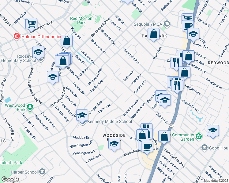 map of restaurants, bars, coffee shops, grocery stores, and more near 1465 Bonnie Court in Redwood City