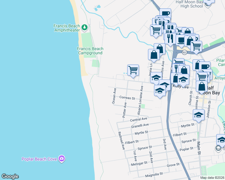 map of restaurants, bars, coffee shops, grocery stores, and more near 201 Miramontes Avenue in Half Moon Bay