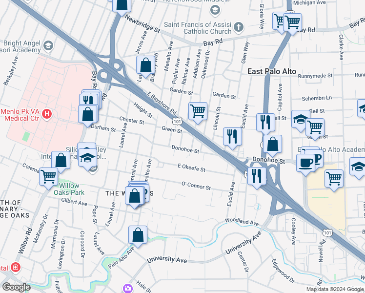 map of restaurants, bars, coffee shops, grocery stores, and more near 2051 Addison Avenue in East Palo Alto