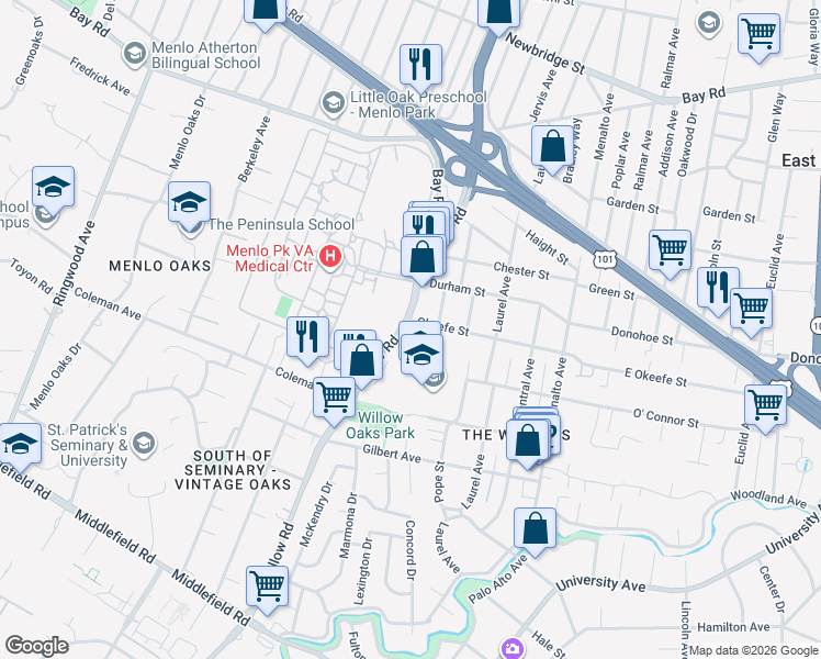 map of restaurants, bars, coffee shops, grocery stores, and more near 512 Okeefe Street in Menlo Park