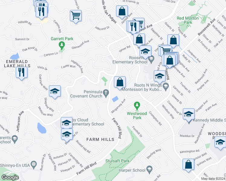 map of restaurants, bars, coffee shops, grocery stores, and more near 3530 Farm Hill Boulevard in Redwood City