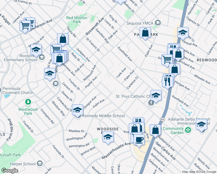 map of restaurants, bars, coffee shops, grocery stores, and more near 1465 Bonnie Court in Redwood City