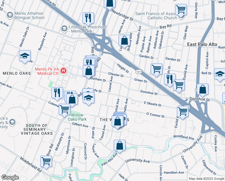 map of restaurants, bars, coffee shops, grocery stores, and more near 712 Laurel Avenue in Menlo Park
