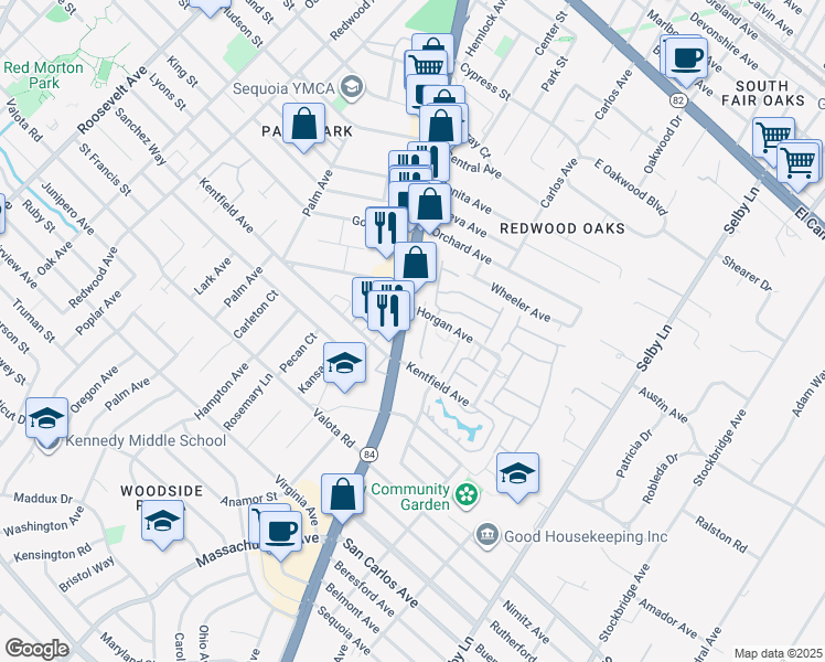 map of restaurants, bars, coffee shops, grocery stores, and more near 943 Woodside Road in Redwood City