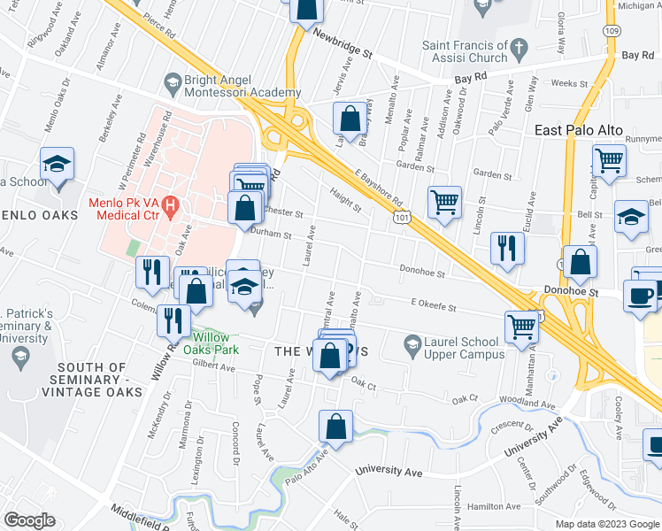 map of restaurants, bars, coffee shops, grocery stores, and more near 711 Central Avenue in Menlo Park