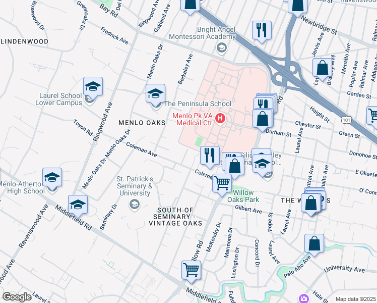 map of restaurants, bars, coffee shops, grocery stores, and more near 832 Coleman Avenue in Menlo Park