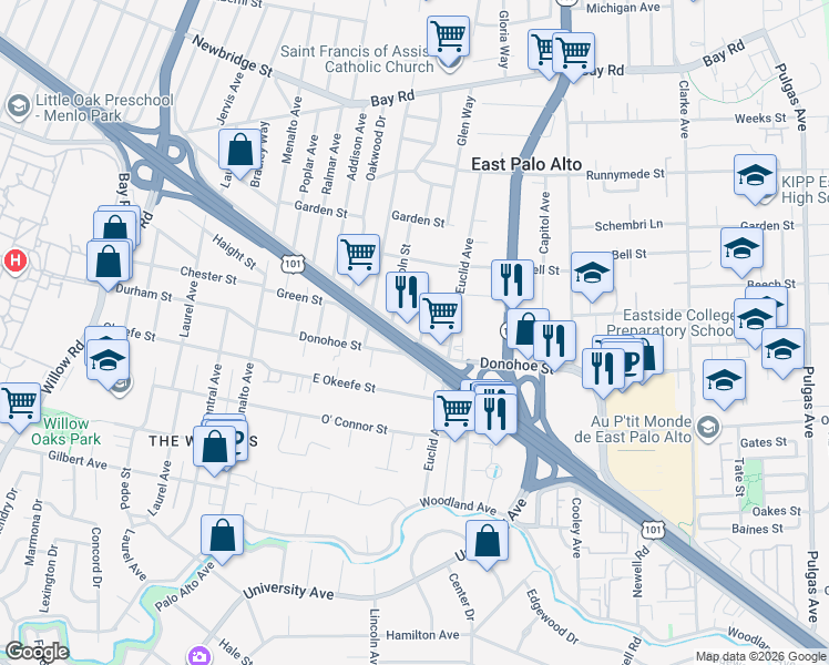 map of restaurants, bars, coffee shops, grocery stores, and more near 454 Green Street in East Palo Alto