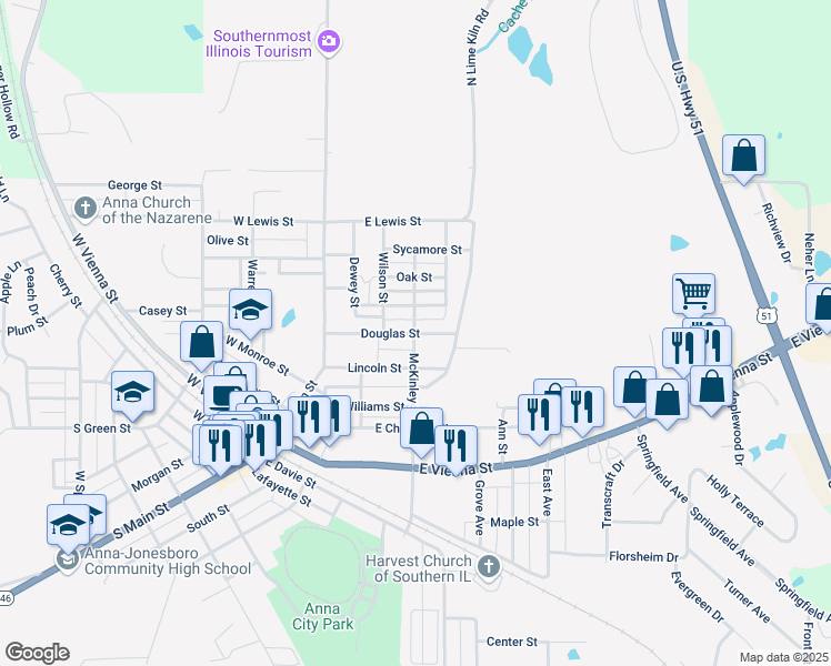 map of restaurants, bars, coffee shops, grocery stores, and more near 303-307 Douglas Street in Anna