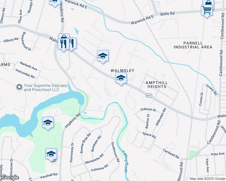 map of restaurants, bars, coffee shops, grocery stores, and more near 3449 Walmsley Boulevard in Richmond