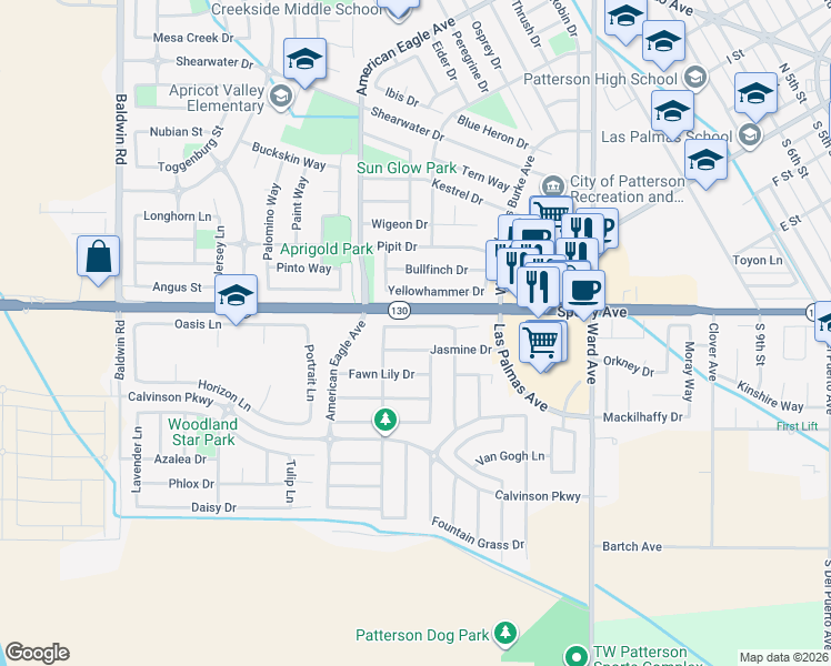 map of restaurants, bars, coffee shops, grocery stores, and more near 1201 Imperial Lilly Drive in Patterson