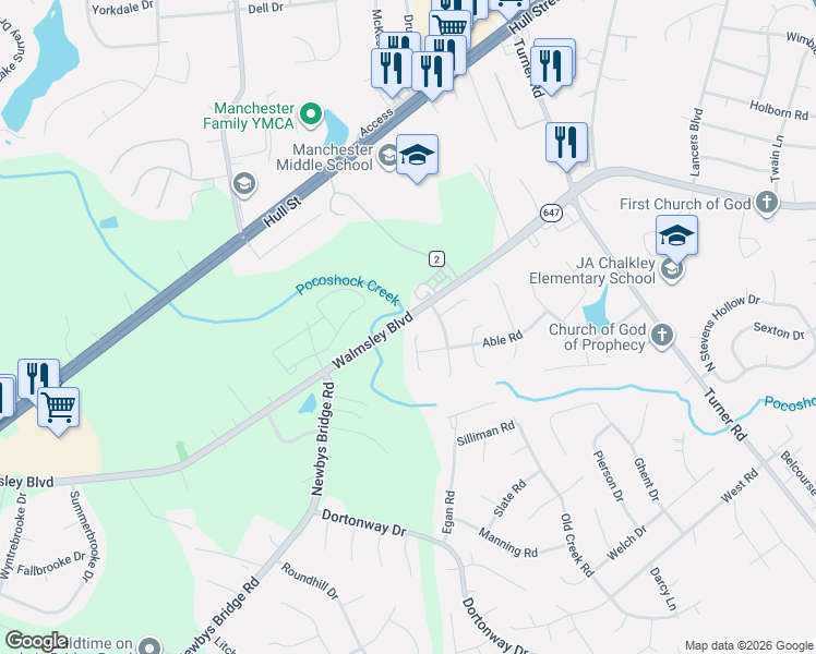 map of restaurants, bars, coffee shops, grocery stores, and more near 3100 Able Terrace in Chesterfield