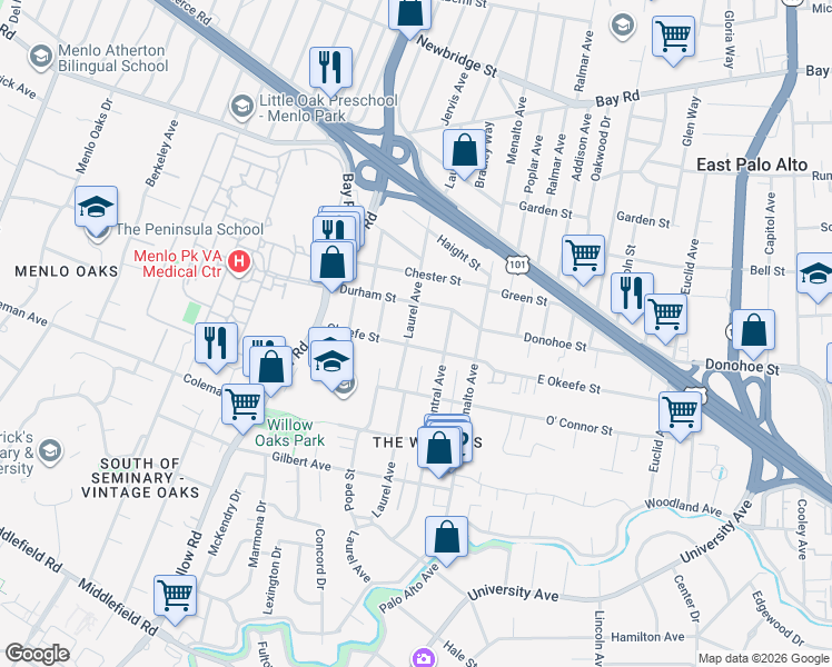 map of restaurants, bars, coffee shops, grocery stores, and more near 712 Laurel Avenue in Menlo Park