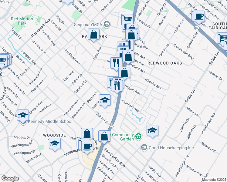 map of restaurants, bars, coffee shops, grocery stores, and more near 8 Kentfield Court in Redwood City
