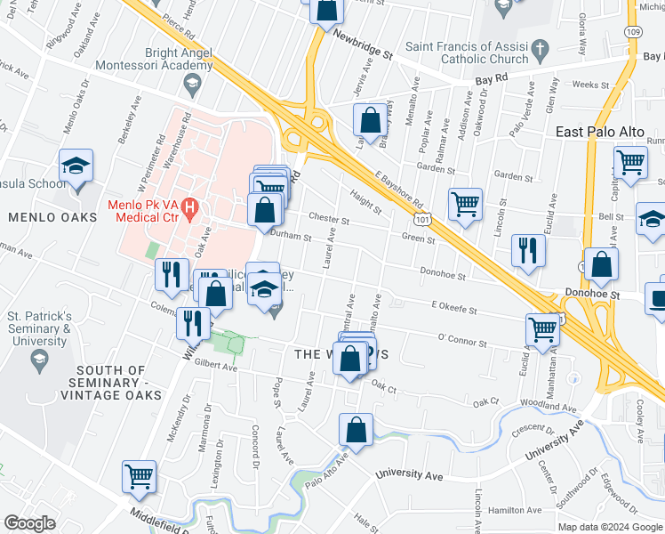 map of restaurants, bars, coffee shops, grocery stores, and more near 712 Laurel Avenue in Menlo Park