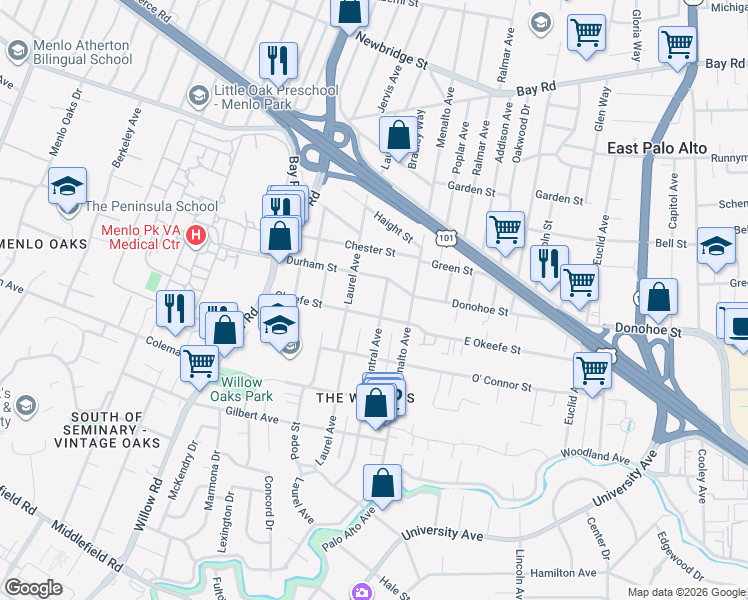 map of restaurants, bars, coffee shops, grocery stores, and more near 711 Central Avenue in Menlo Park