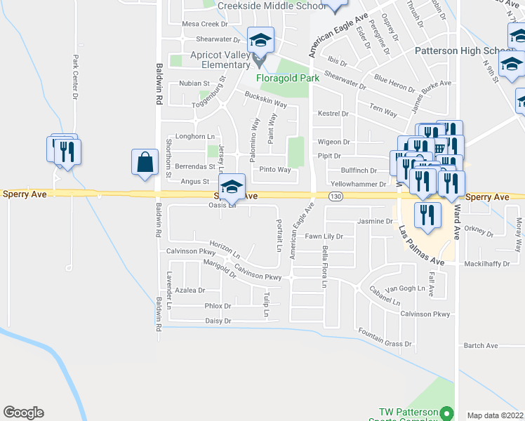 map of restaurants, bars, coffee shops, grocery stores, and more near 1314 Oasis Lane in Patterson