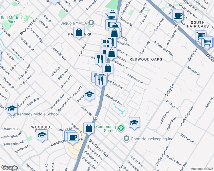 map of restaurants, bars, coffee shops, grocery stores, and more near 927 Woodside Road in Redwood City