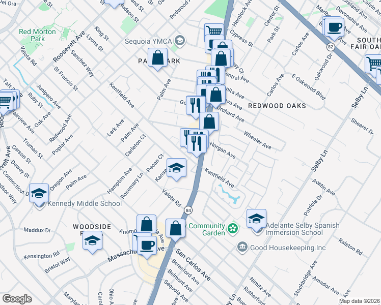 map of restaurants, bars, coffee shops, grocery stores, and more near 8 Kentfield Court in Redwood City