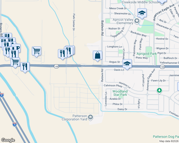 map of restaurants, bars, coffee shops, grocery stores, and more near 2078 Sperry Avenue in Patterson
