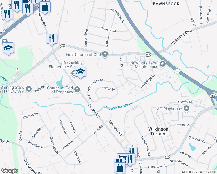 map of restaurants, bars, coffee shops, grocery stores, and more near 6512 Sexton Drive in Chesterfield
