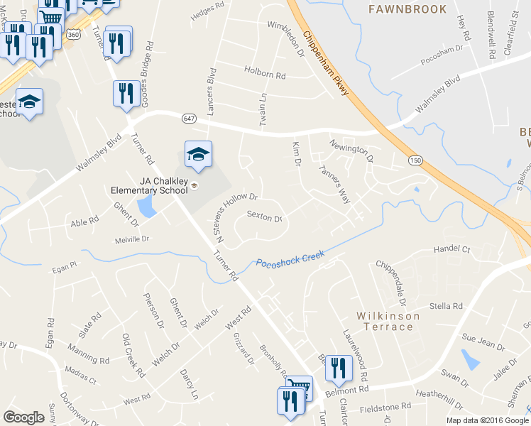 map of restaurants, bars, coffee shops, grocery stores, and more near 6512 Sexton Drive in Chesterfield