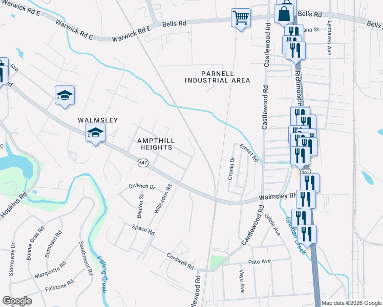 map of restaurants, bars, coffee shops, grocery stores, and more near 3000 Dupont Avenue in Richmond