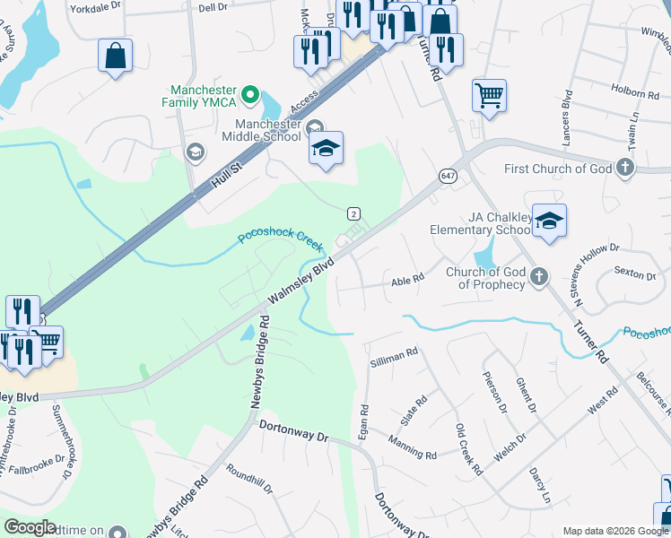 map of restaurants, bars, coffee shops, grocery stores, and more near 3100 Able Terrace in Chesterfield