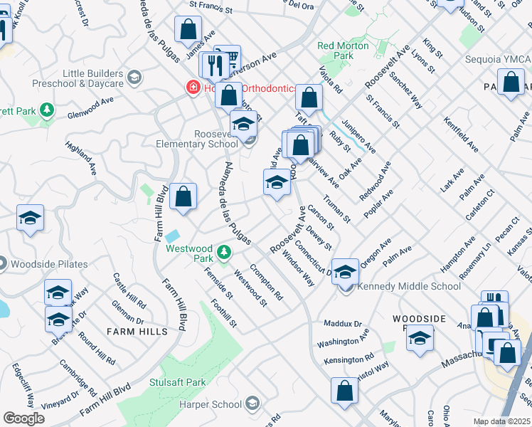 map of restaurants, bars, coffee shops, grocery stores, and more near 2504 Hastings Avenue in Redwood City