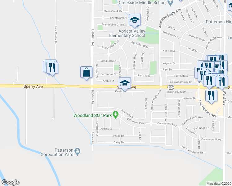 map of restaurants, bars, coffee shops, grocery stores, and more near 1502 Oasis Lane in Patterson
