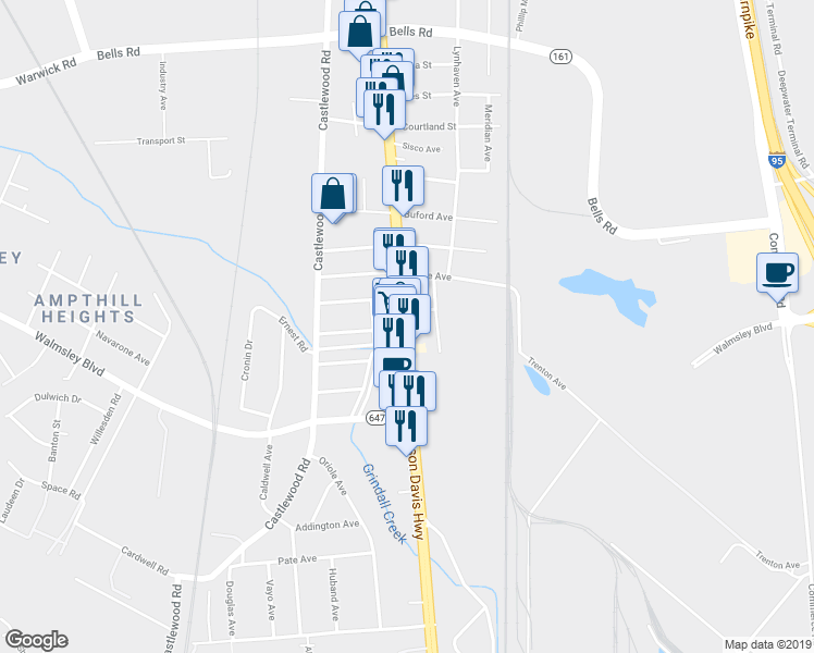 map of restaurants, bars, coffee shops, grocery stores, and more near 4605 Jefferson Davis Highway in Richmond